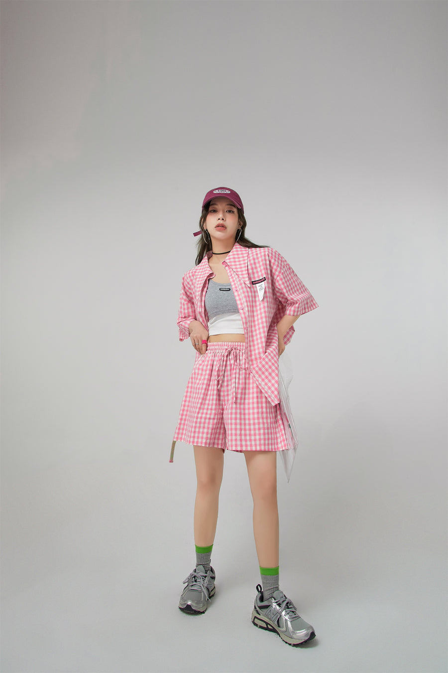 CHUU Gingham Check Maxi Collar Shirt