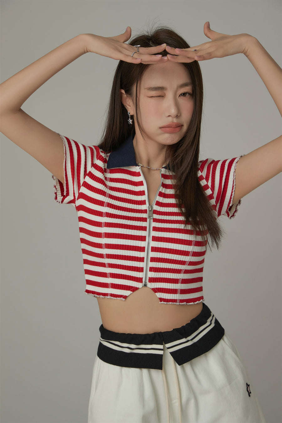 CHUU Striped Zip-Up T-Shirt