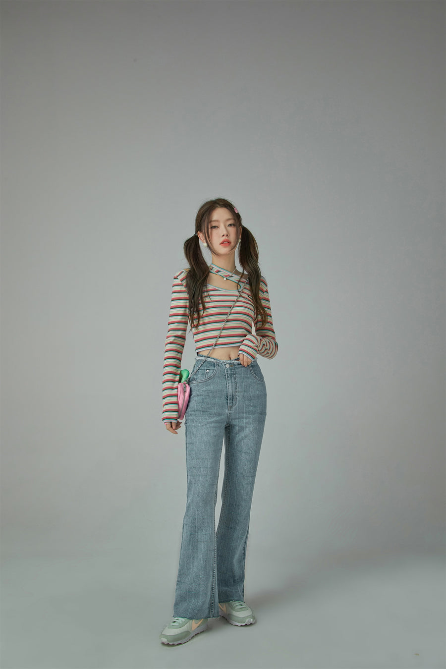 CHUU Waist Wrap Checkered Bootcut Jeans