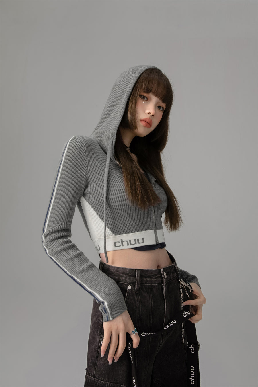 CHUU Knit Hooded Crop Zip-Up Cardigan