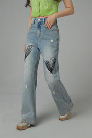 Queen Of Hearts Embroidered Distressed Denim Jeans