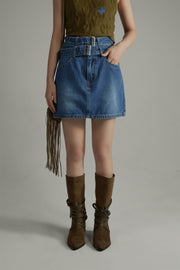 Double Belted Mini Denim Skirt