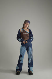 Cow Partchwork Wide Straight Jeans