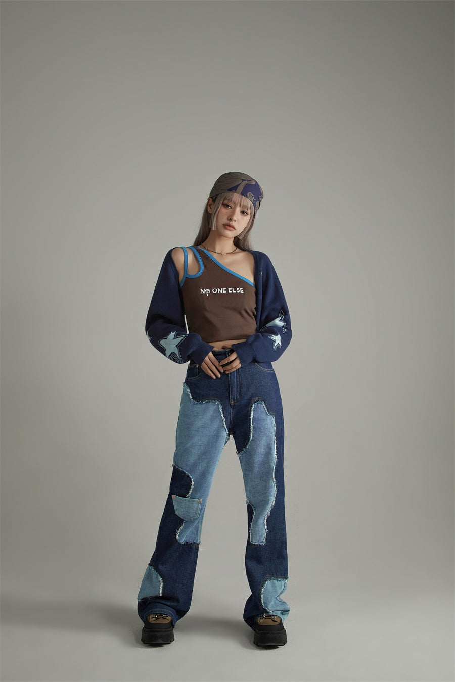 CHUU Cow Partchwork Wide Straight Jeans