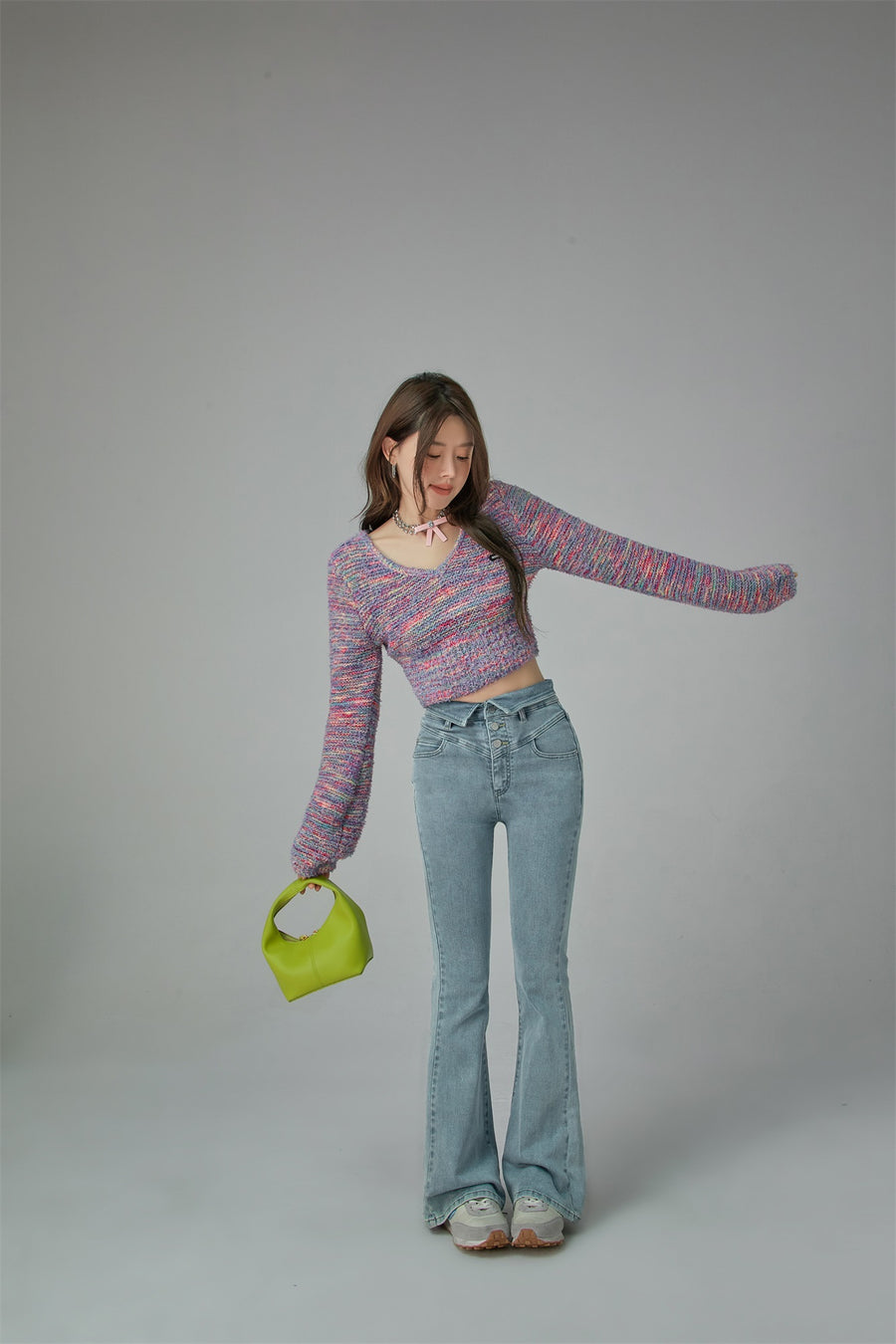 CHUU Rainbow V-Neck Long Sleeve Crop Knit Sweater