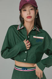 Embroidered Stripe Collar Crop Shirt