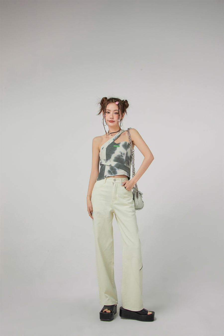 CHUU Tie-Dye Cross Strap Off-Shoulder Top