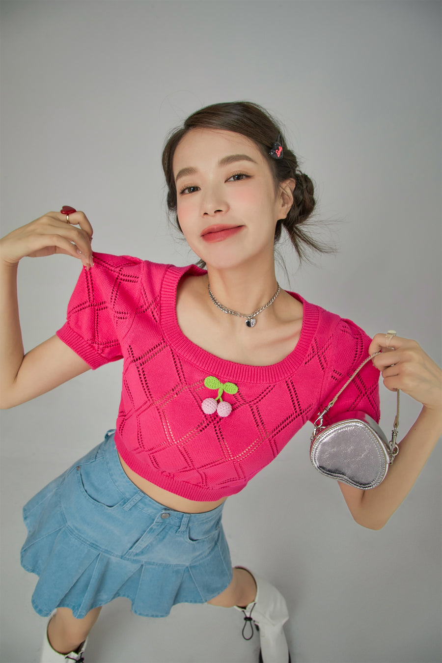 CHUU Cherry Knit Crochet Crop Sweater