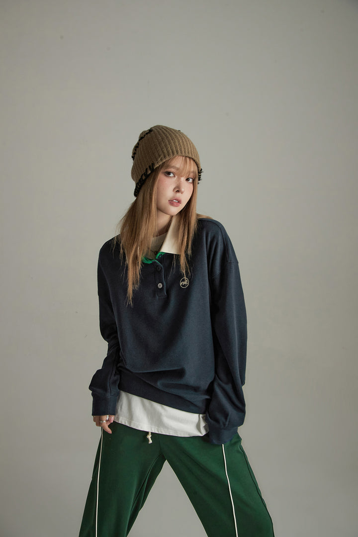 Polo Neck Knit Long Sleeve Sweatshirt