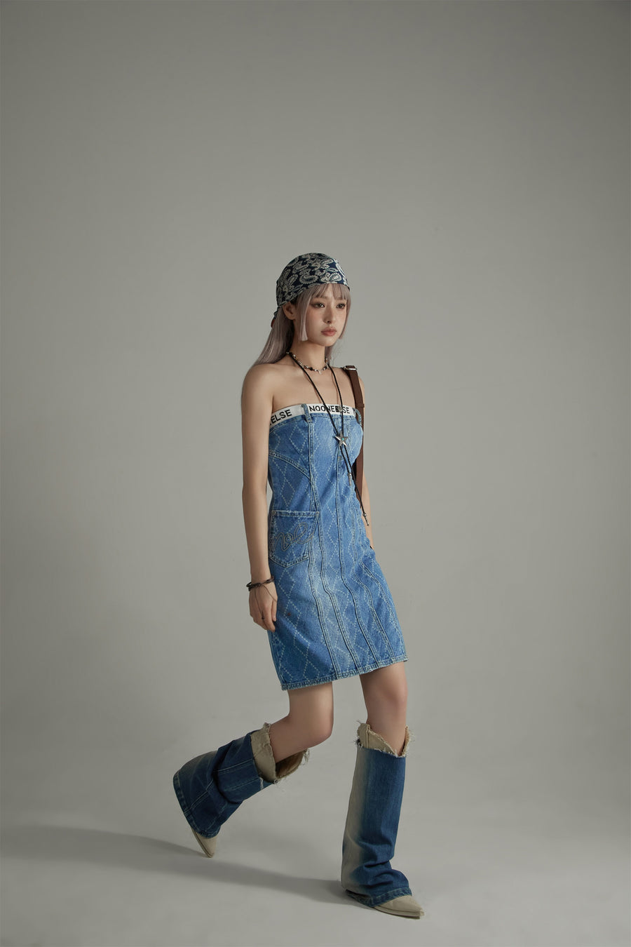 CHUU Argyle Denim Strapless Dress