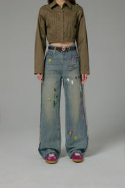 Paint Streaks Straight Wide Denim Pants