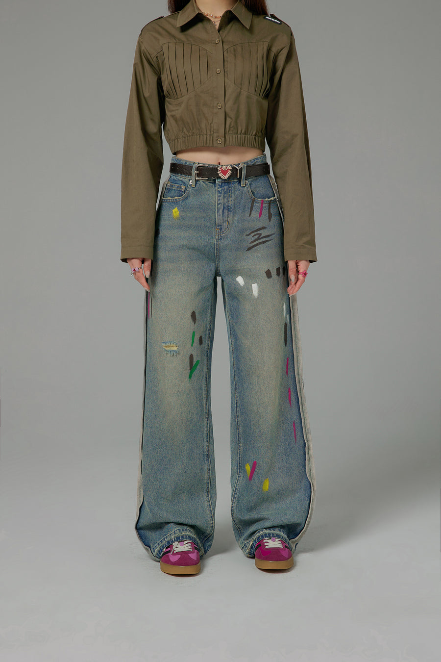 CHUU Paint Streaks Straight Wide Denim Pants