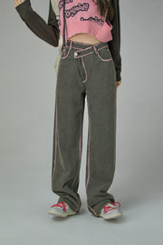 Trendsetter Wide Multi-Pocket Denim Asymmetrical Pants