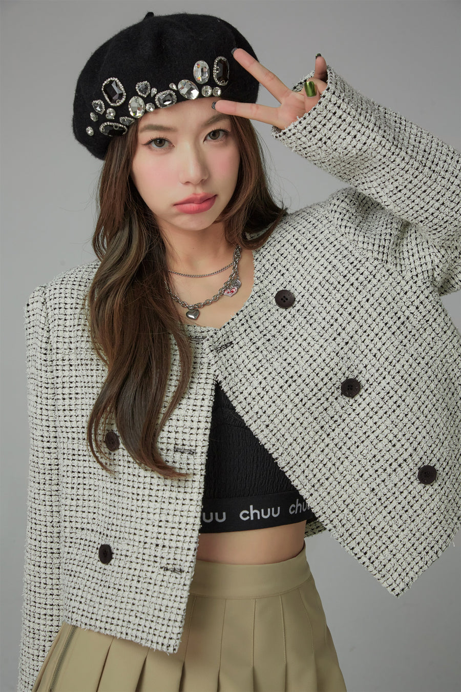 CHUU Vintage Check Tweed Oversize Crop Jacket