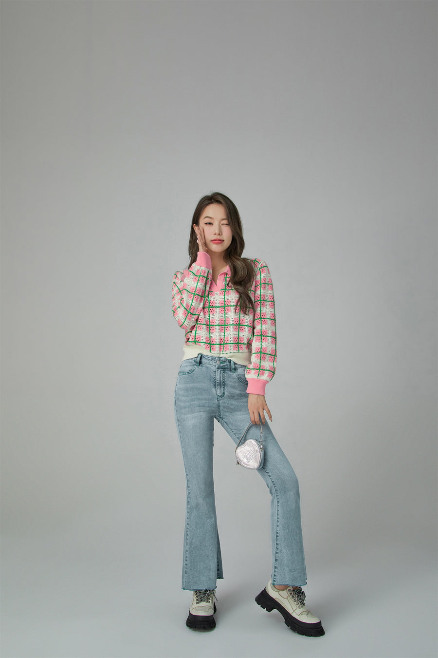 CHUU Lovely Check Crochet Polo Sweater