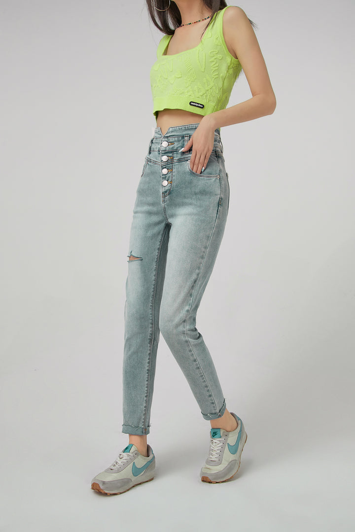 High Waist Button Slim Jeans