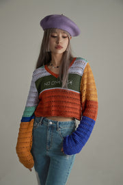 V-Neck Hole Knitted Color Knit Sweater