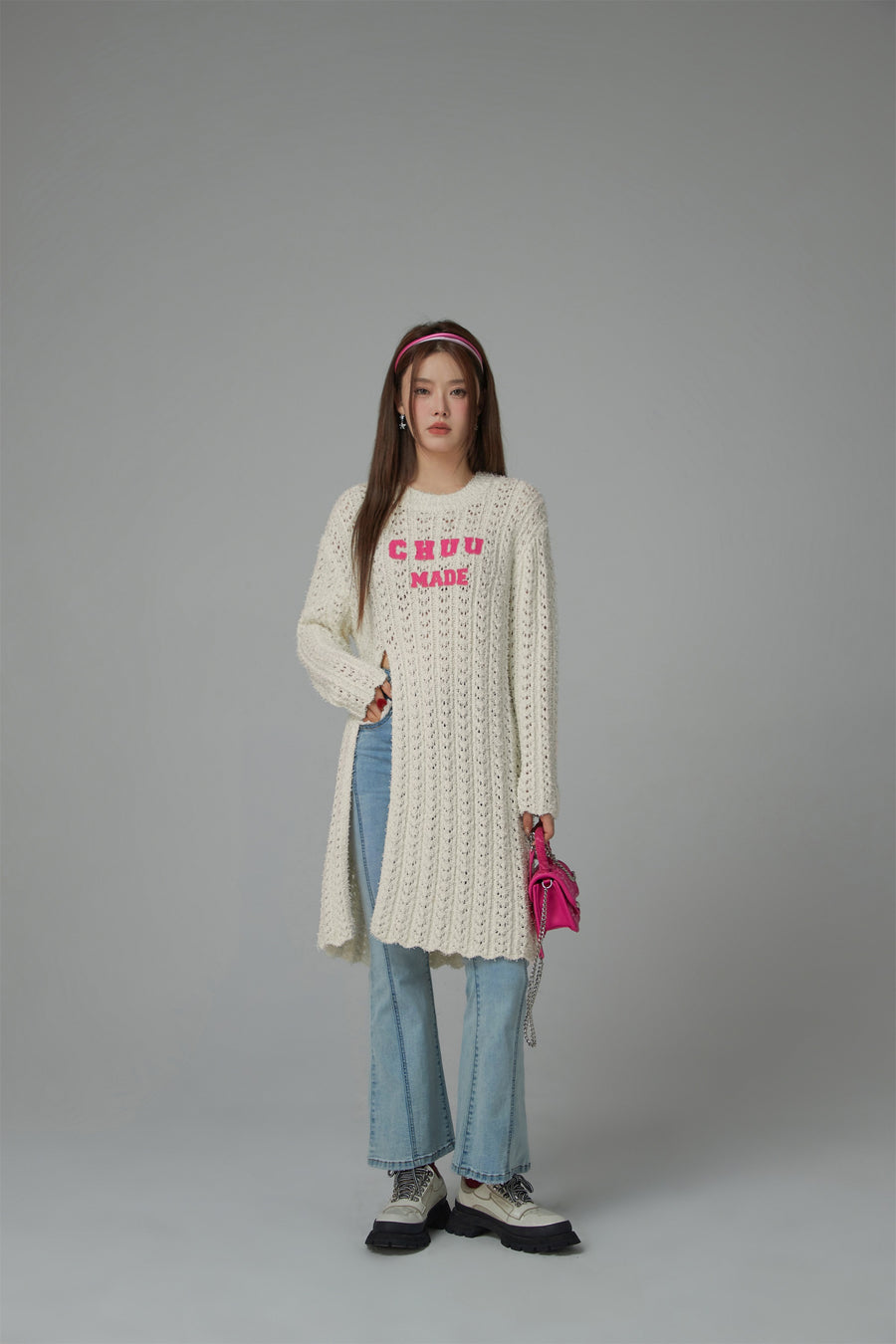 CHUU Crochet Side Slit Knit Long Sweater Dress