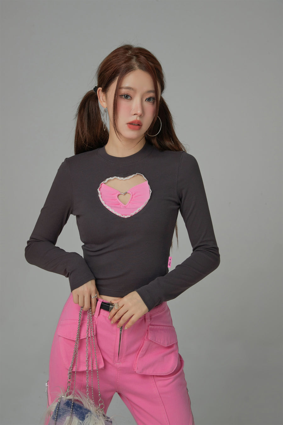 CHUU 2-Layers Heart Cutout Long-Sleeved Top