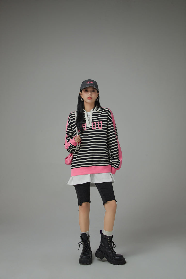 I Like You Half Zip-Up Color Stripe Sweatshirt