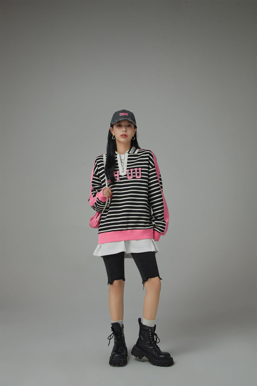 CHUU I Like You Half Zip-Up Color Stripe Sweatshirt