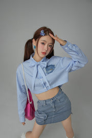 Heart Denim Pocket Stripe Crop Shirt