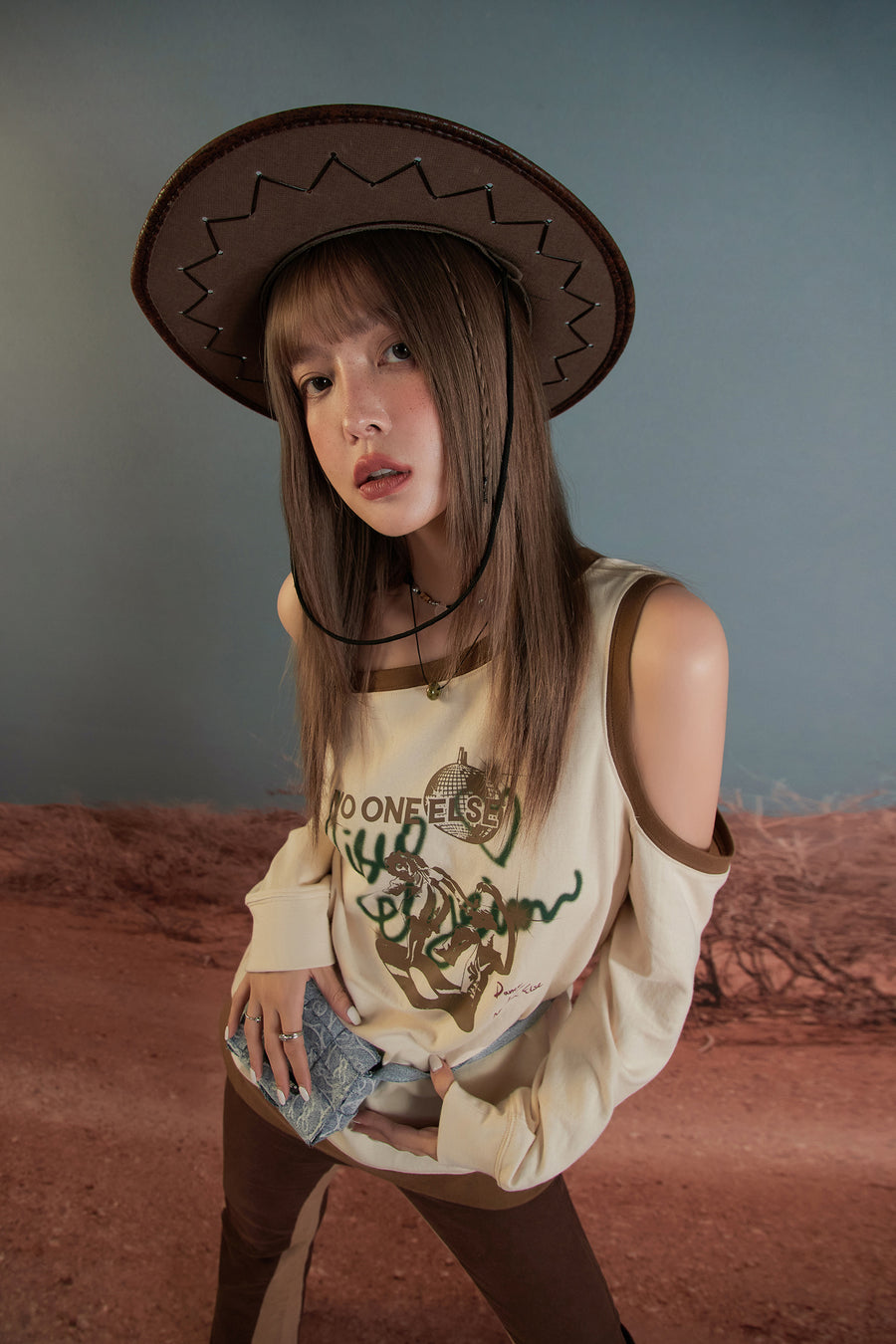 CHUU Disco Ball Graphic Open-Shoulder Top