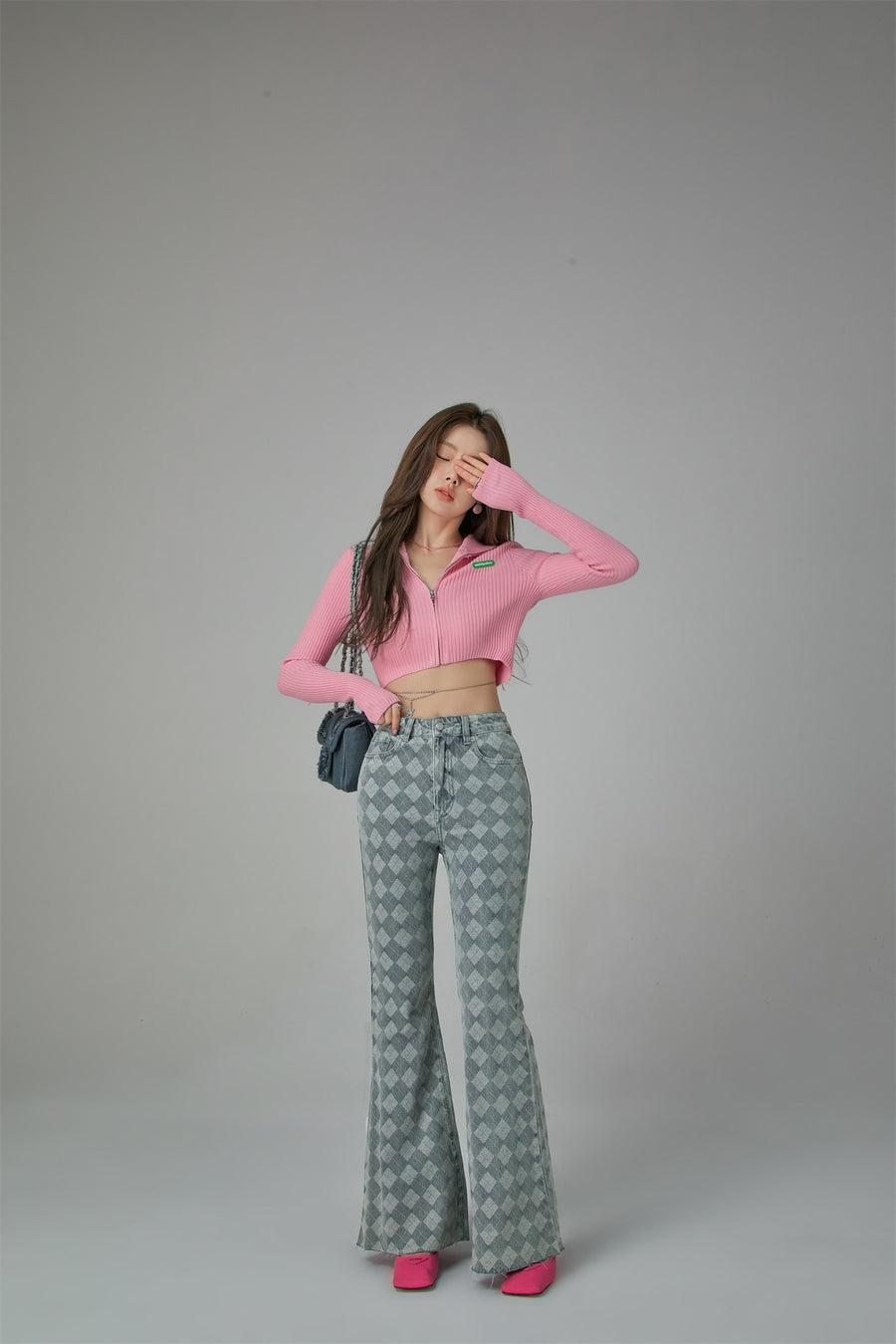 CHUU High Waist Argyle Pattern Bootcut Jeans