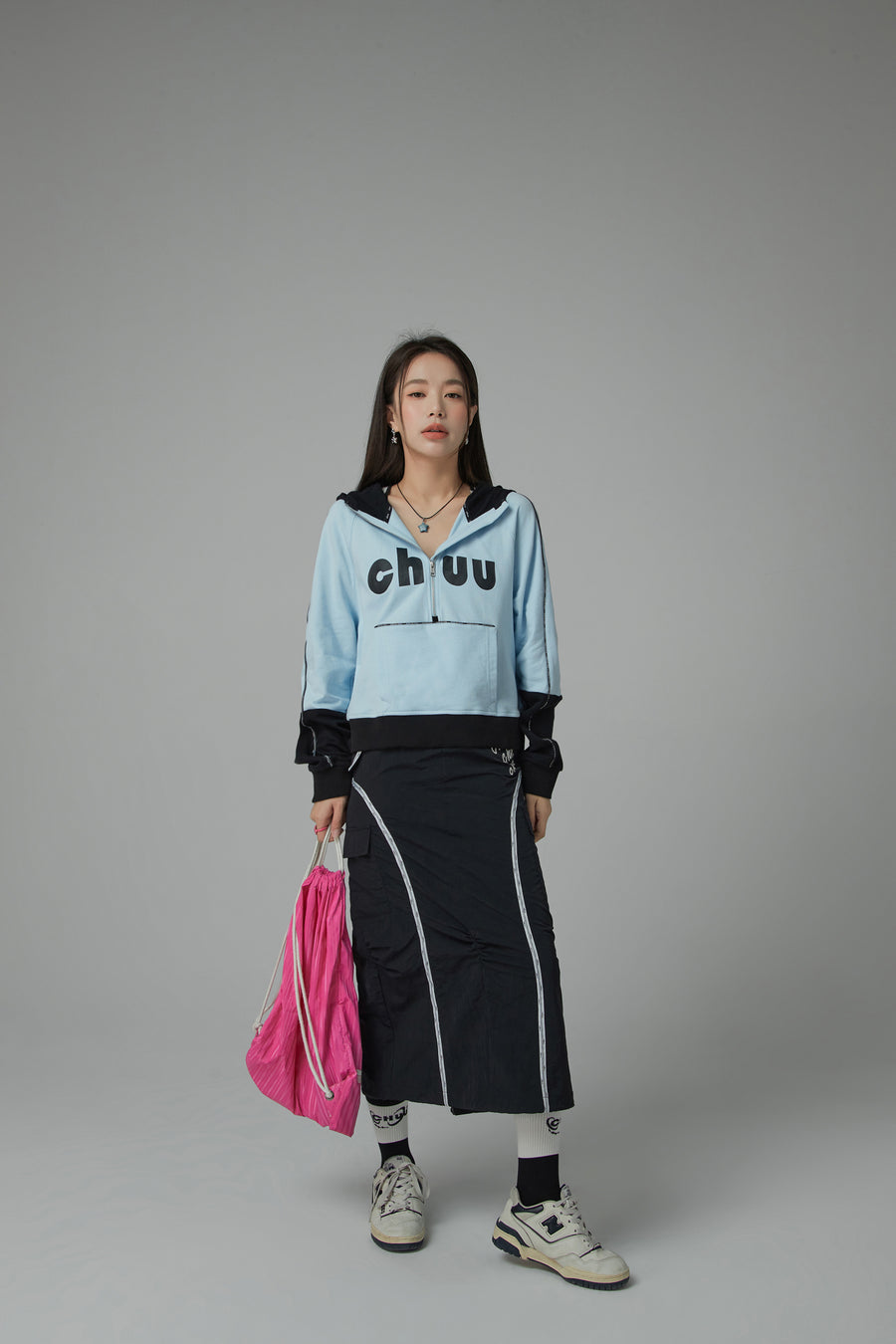 CHUU Chuu Lettering Half Zip-Up Hoodie