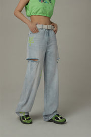 Color Flower Distressed Light Wash Straight Denim Jeans