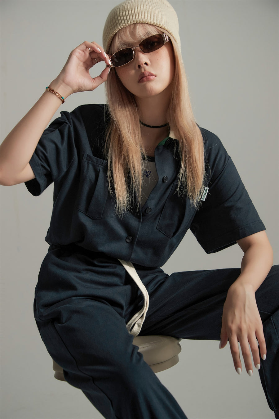 CHUU Blue Collar Short-Sleeved Jogger Jumpsuit