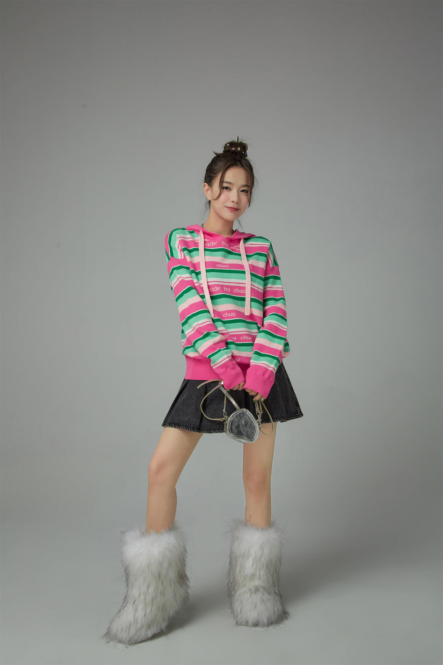 CHUU A Quick Run Rainbow Stripe Hooded Knit Hoodie