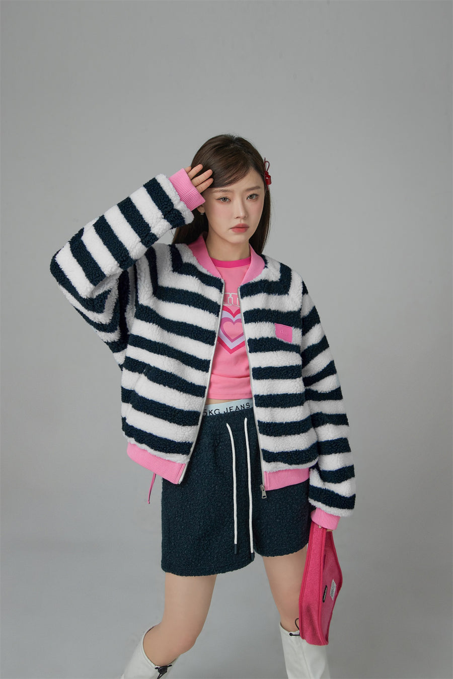 CHUU I Am The One Striped Loose-Fit Fleece Jacket