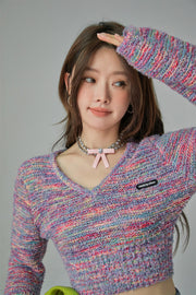 Rainbow V-Neck Long Sleeve Crop Knit Sweater