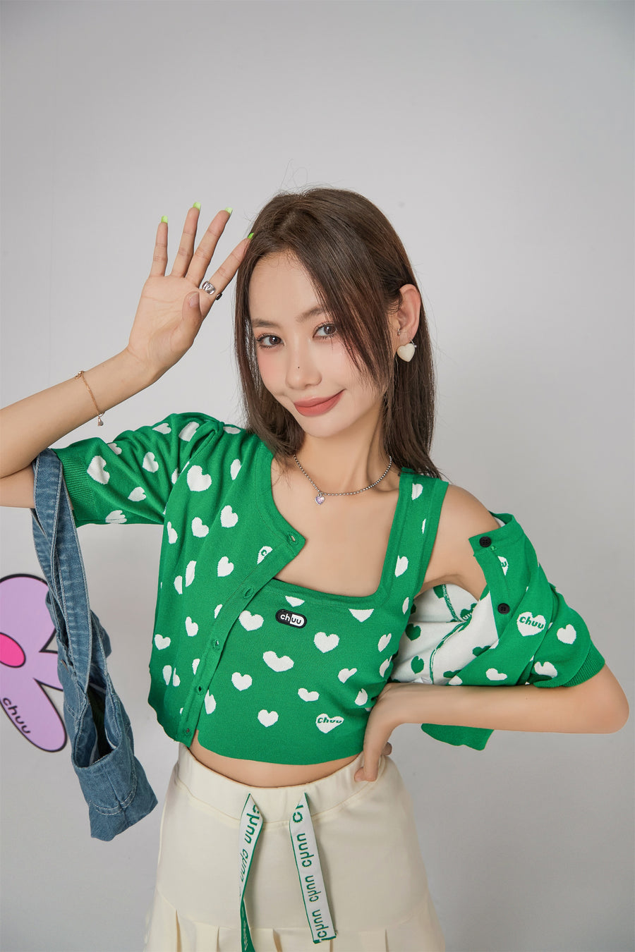 CHUU Heart Short Sleeve Knit Cardigan