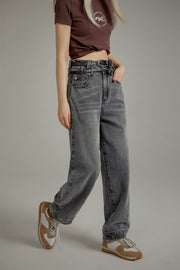 Two Layer Belt Loops Wide Denim Jeans