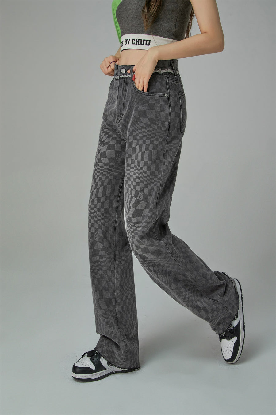 CHUU Check High-Waisted Wide Denim Pants