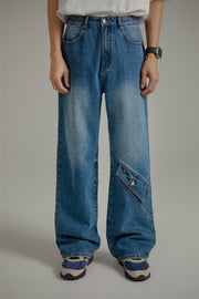 Knee Pocket Washed Wide Straight Jeans