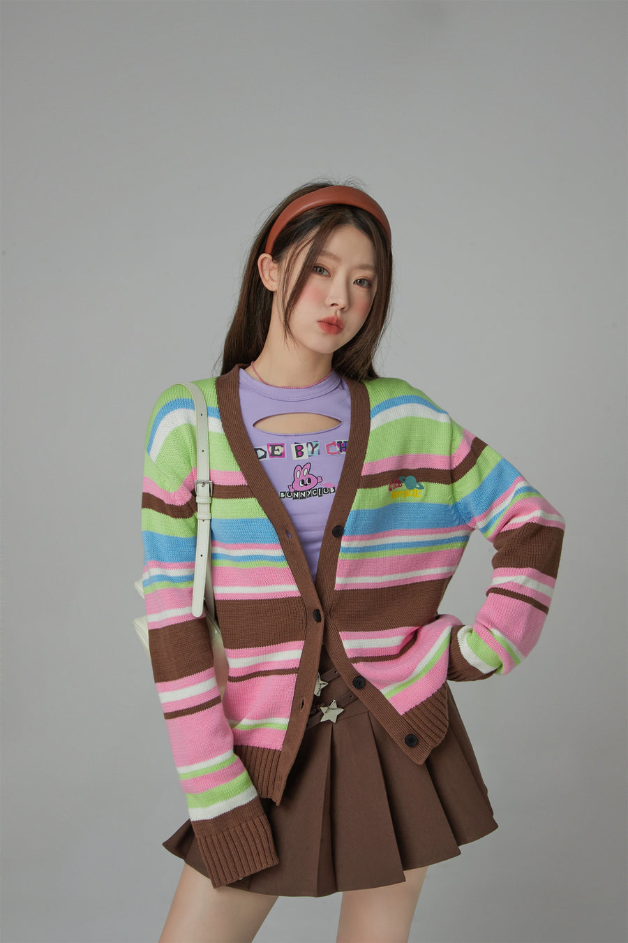 CHUU Planet Chuu Embroidered Stripe Cardigan