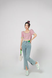 Check Puff Sleeve Knit Top