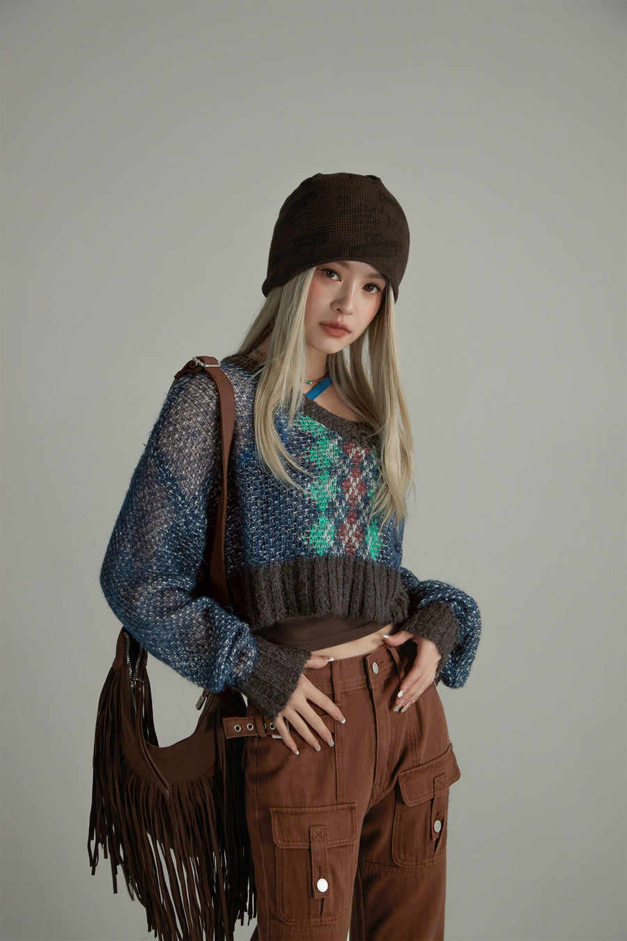 CHUU Argyle Cropped Crochet Knit Sweater