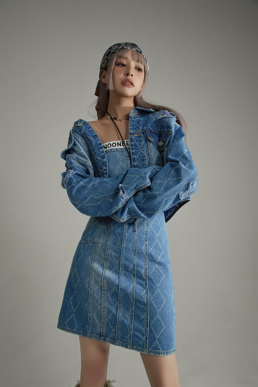 CHUU Argyle Denim Strapless Dress