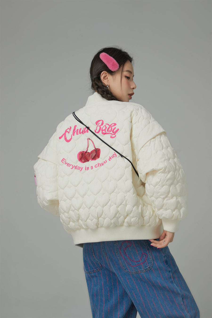 CHUU Cherry Heart Quilted Padded Jacket