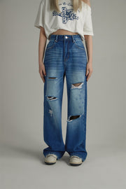 Distressed Straight Wide-Leg Denim Jeans