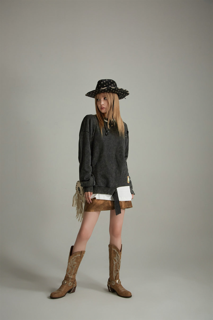 CHUU Unbalanced Distressed Long Sleeve Sweater