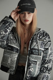 Newspaper Collage Padded Crop Jacket