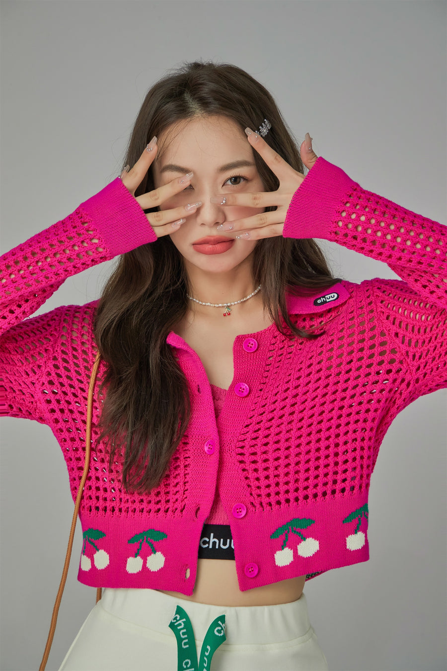 CHUU Hot Pink Cherry Crochet Crop Cardigan