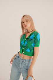 Argyle Short-Sleeved Crop Cardigan