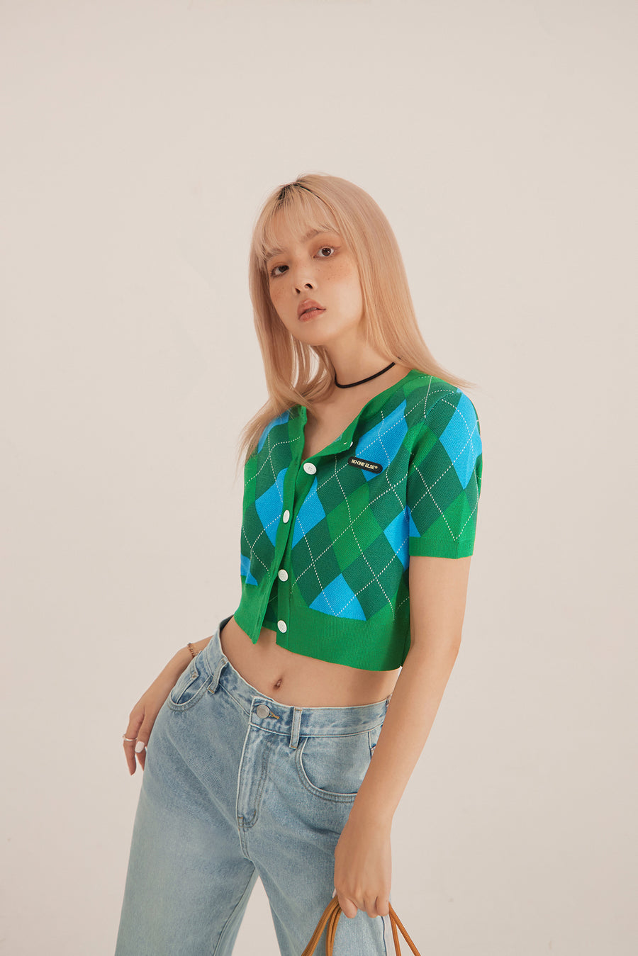 CHUU Argyle Short-Sleeved Crop Cardigan