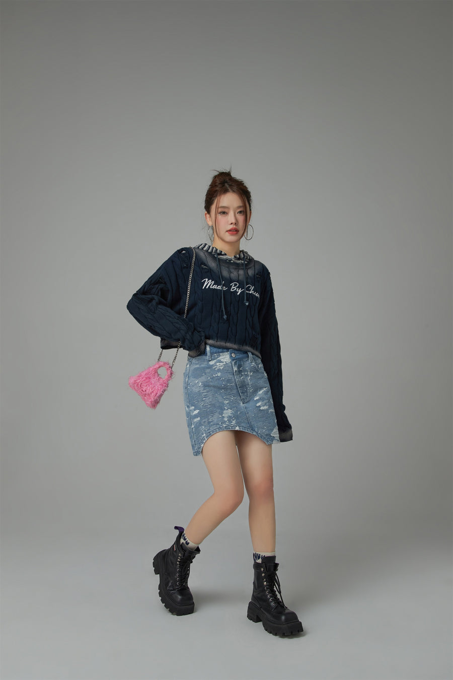 CHUU Washed Denim Unbalanced Mini Skirt